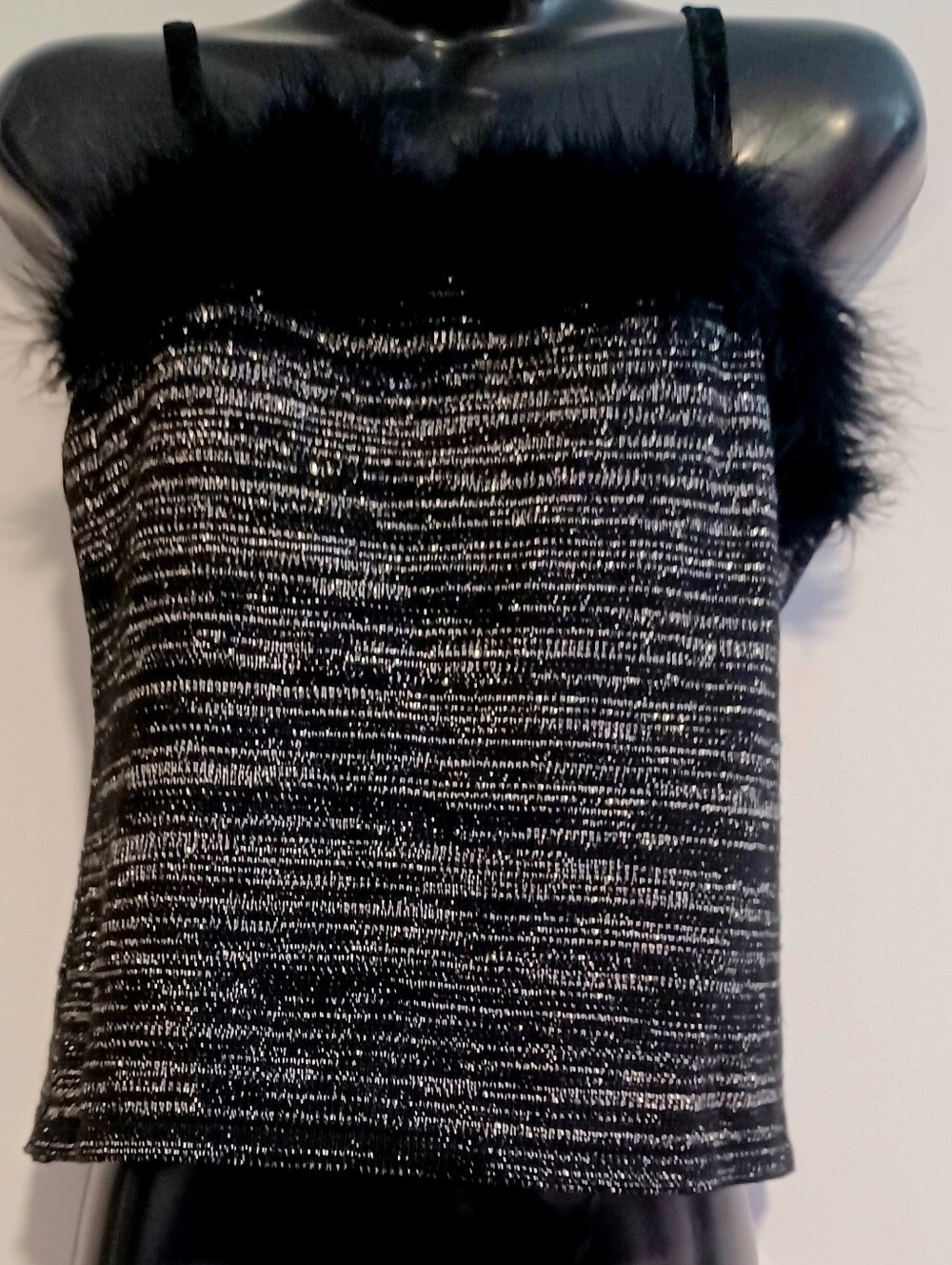 Feather-Trim Shimmer Crop Top - Black